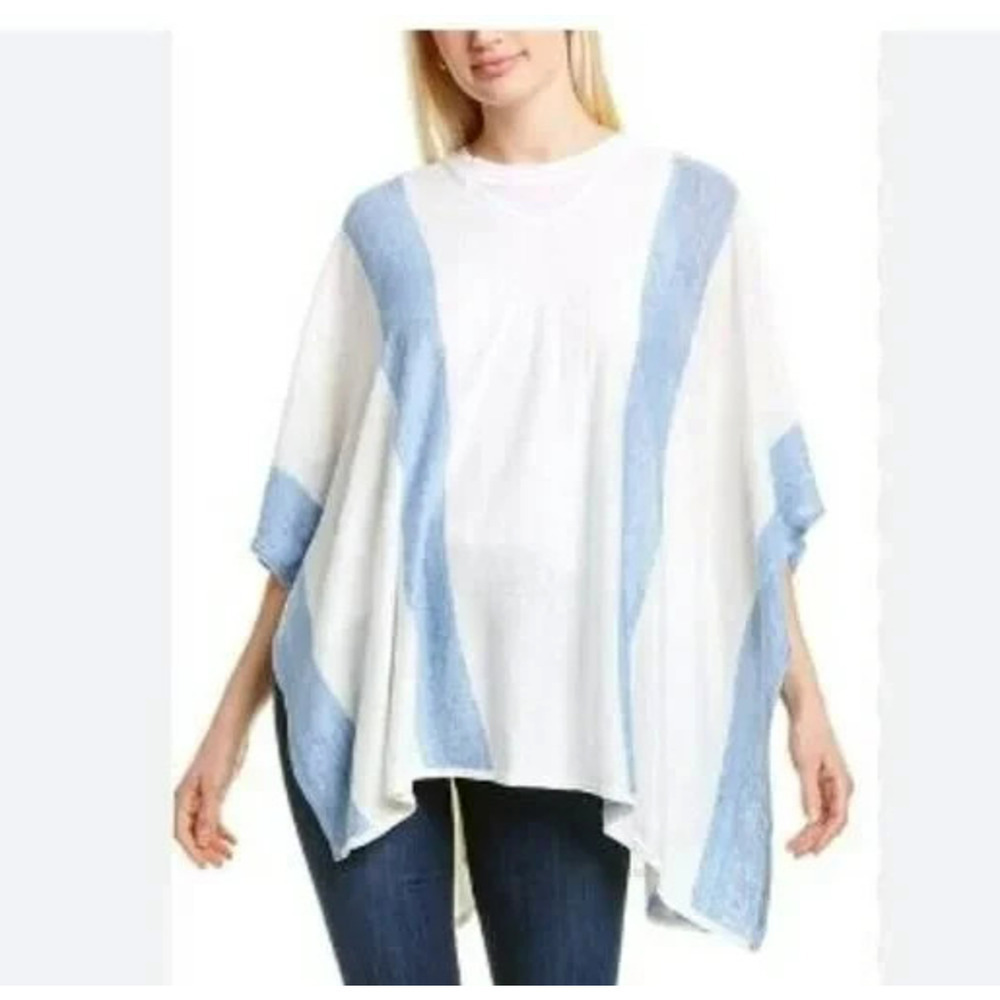 J. Mclaughlin Linen Knit Poncho Top One Size Blue White Beachy Coastal Coverup - Picture 7 of 7